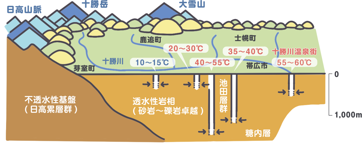 十勝地方のモール温泉形成の地下構造図