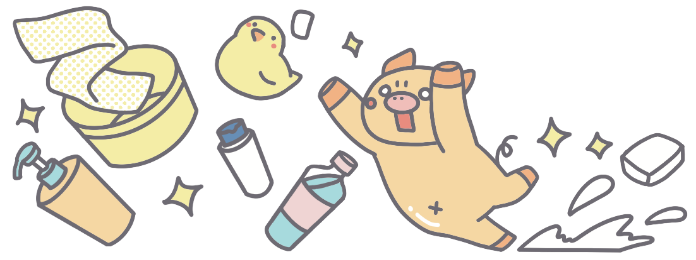 石鹸で滑り入浴道具を飛ばす動物のキャラクター
